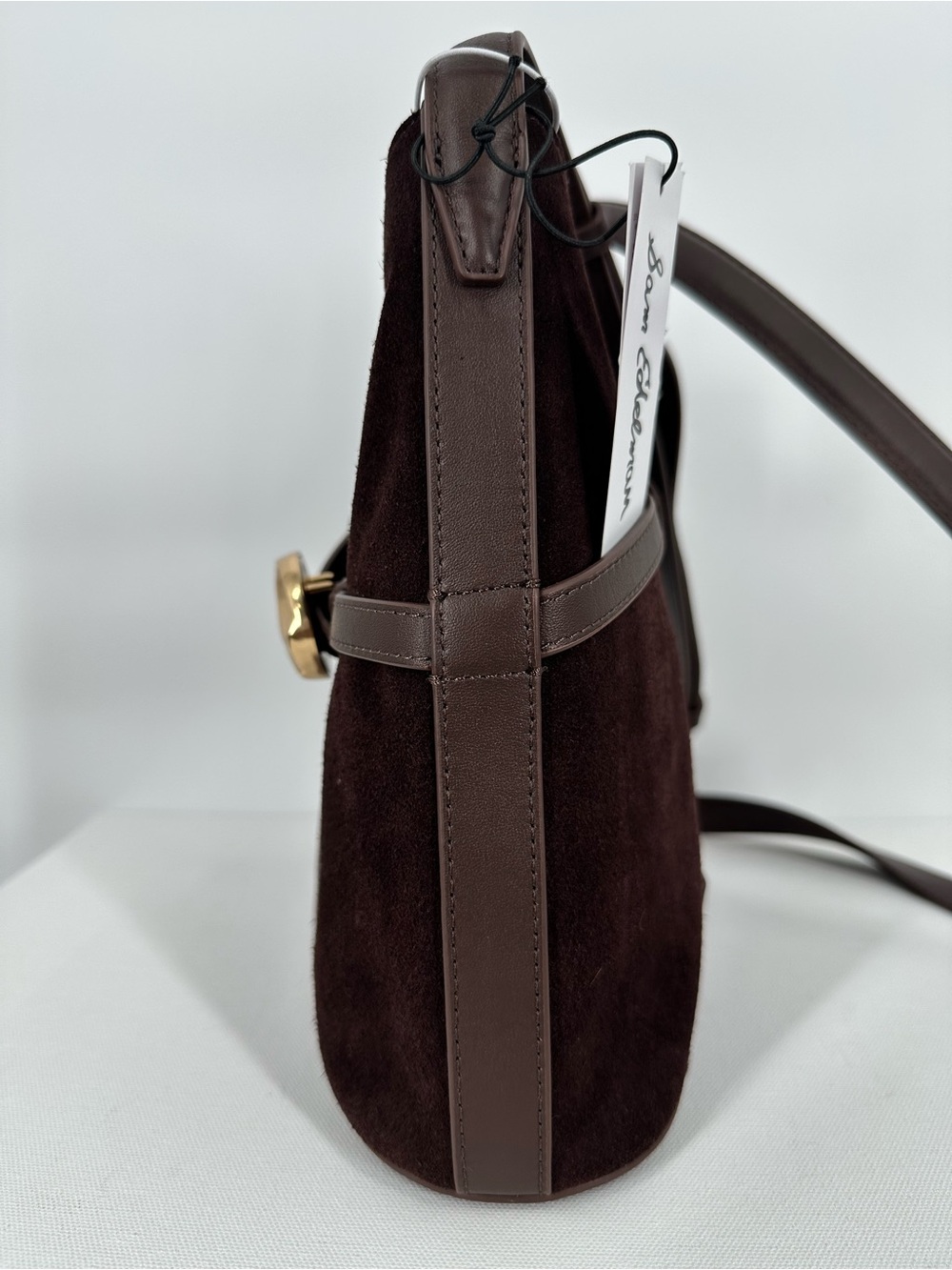 NWT Sam Edelman Cowhide Leather Suede Crossbody Chocolate Brown Bucket Tote Bag - Picture 4 of 16